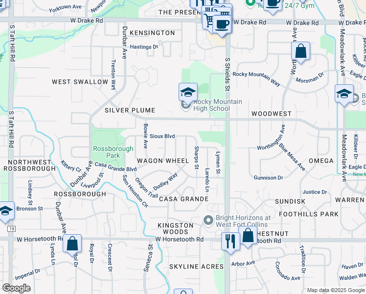 map of restaurants, bars, coffee shops, grocery stores, and more near 3119 Gatlin Street in Fort Collins