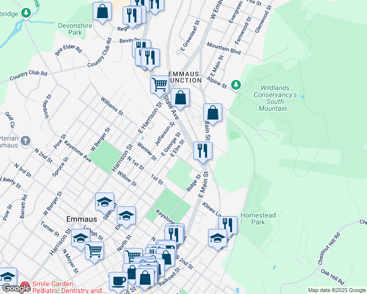 map of restaurants, bars, coffee shops, grocery stores, and more near 133 State Avenue in Emmaus