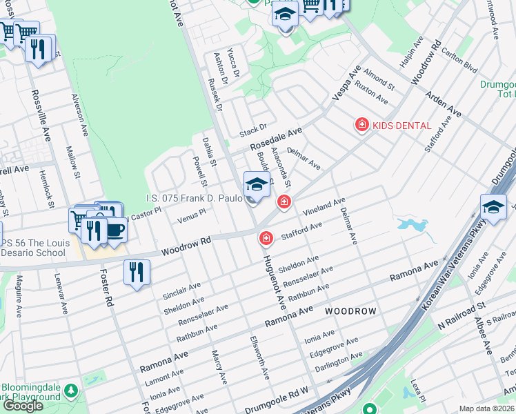 map of restaurants, bars, coffee shops, grocery stores, and more near 455 Huguenot Avenue in Staten Island