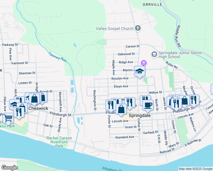 map of restaurants, bars, coffee shops, grocery stores, and more near 332 Rosslyn Avenue in Springdale