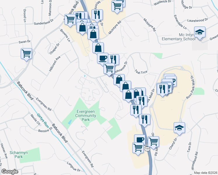 map of restaurants, bars, coffee shops, grocery stores, and more near 2108 Charlemagne Circle in Pittsburgh
