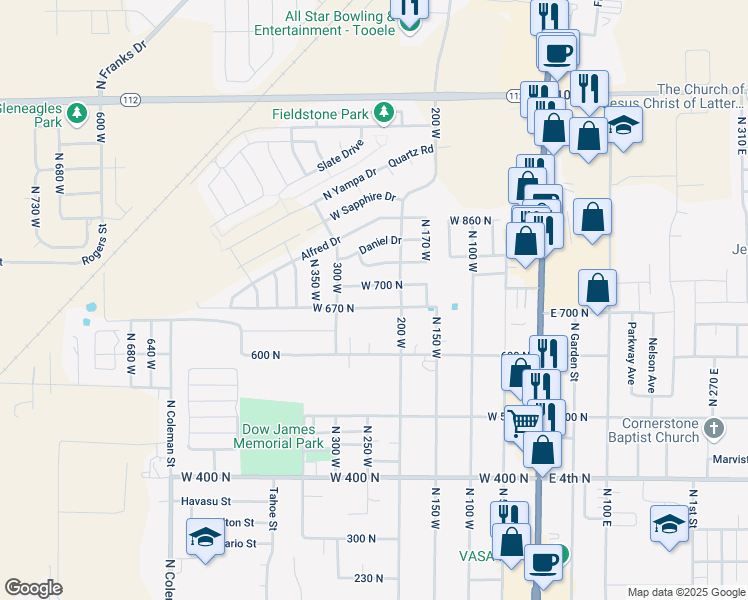 map of restaurants, bars, coffee shops, grocery stores, and more near 244 West 670 North in Tooele
