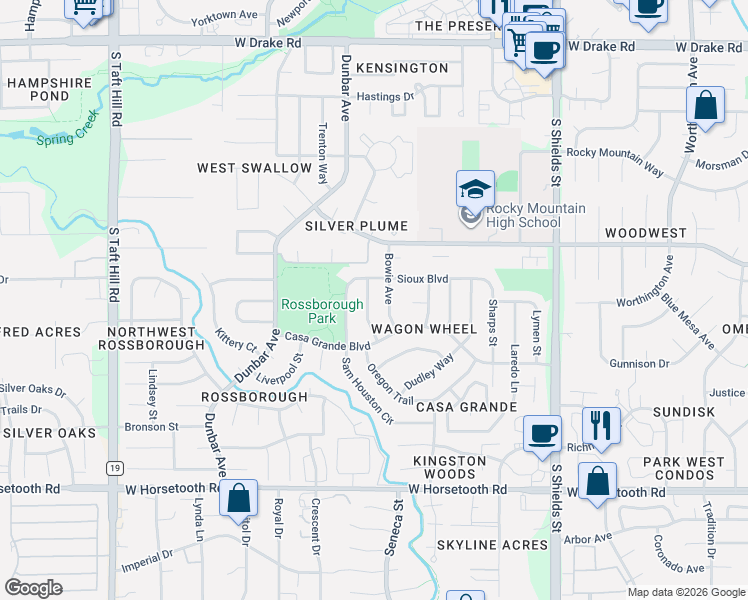map of restaurants, bars, coffee shops, grocery stores, and more near 3118 Boone Street in Fort Collins