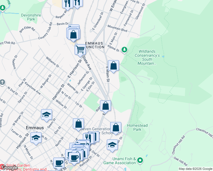 map of restaurants, bars, coffee shops, grocery stores, and more near 155 East Main Street in Emmaus
