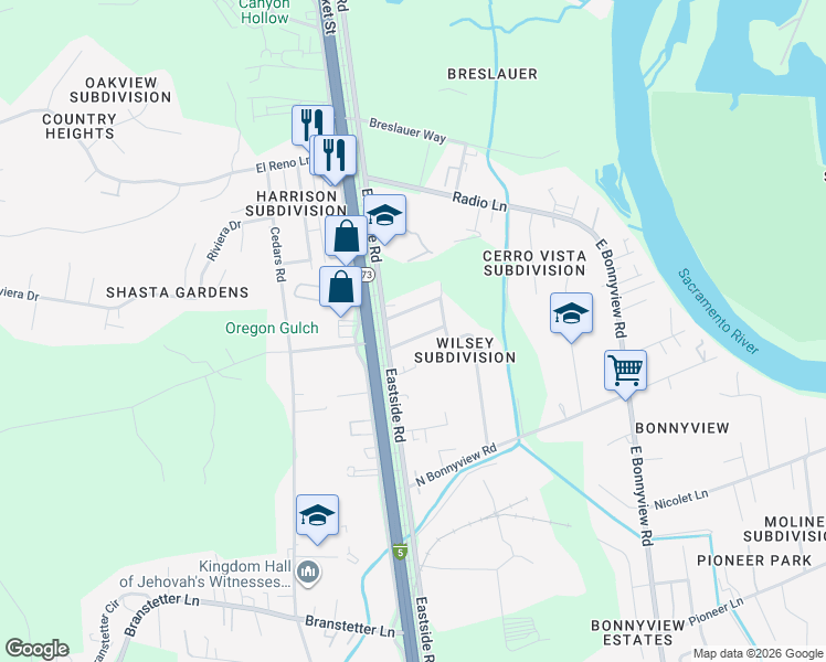 map of restaurants, bars, coffee shops, grocery stores, and more near 2340 Bonnie Drive in Redding