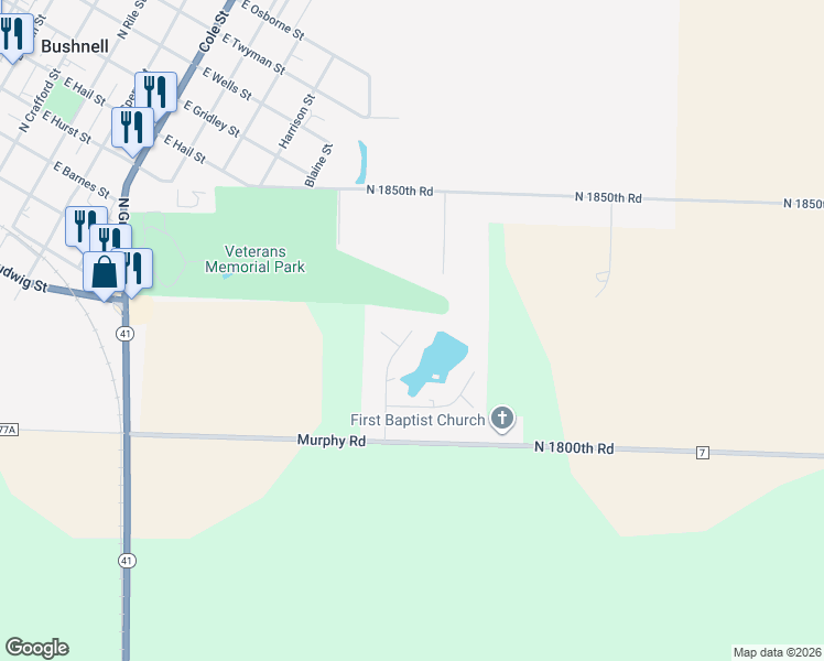 map of restaurants, bars, coffee shops, grocery stores, and more near 25 Hillcrest Drive in Bushnell