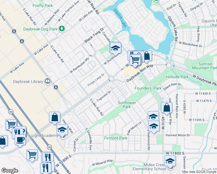 map of restaurants, bars, coffee shops, grocery stores, and more near 4843 West Daybreak Parkway in South Jordan