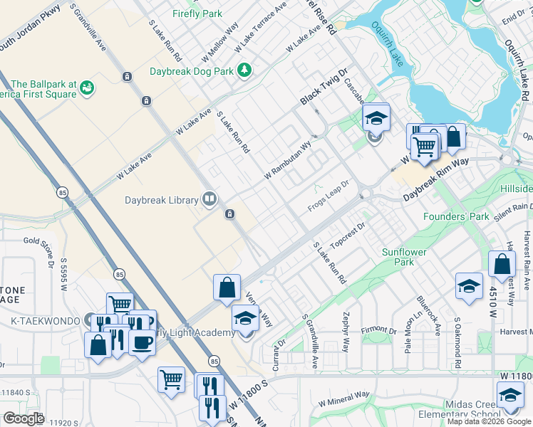 map of restaurants, bars, coffee shops, grocery stores, and more near 11391 Grandville Avenue in South Jordan