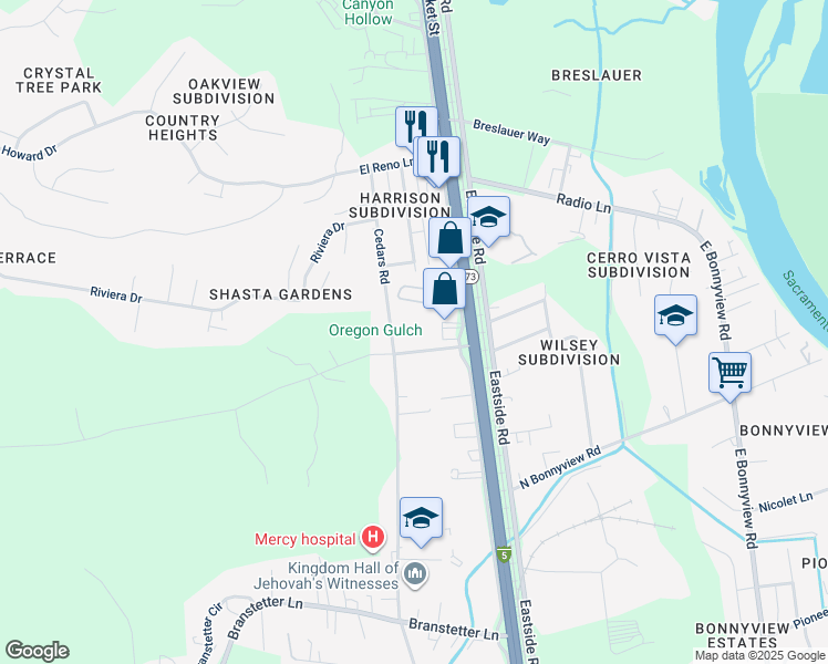 map of restaurants, bars, coffee shops, grocery stores, and more near 4818 Westside Road in Redding