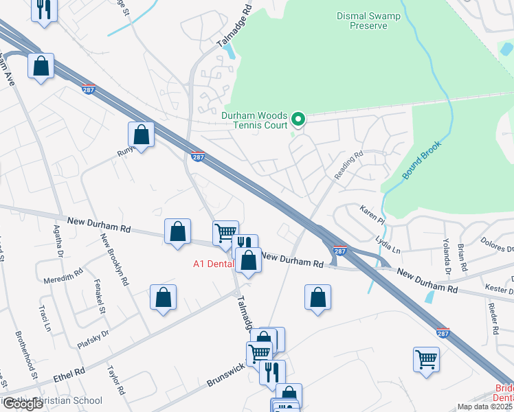 map of restaurants, bars, coffee shops, grocery stores, and more near 917 Waterford Drive in Edison