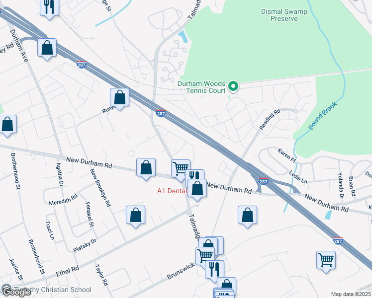 map of restaurants, bars, coffee shops, grocery stores, and more near 421 Waterford Drive in Edison