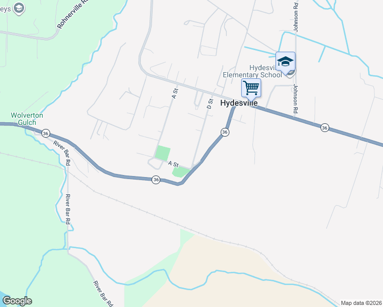 map of restaurants, bars, coffee shops, grocery stores, and more near 3438 D Street in Hydesville