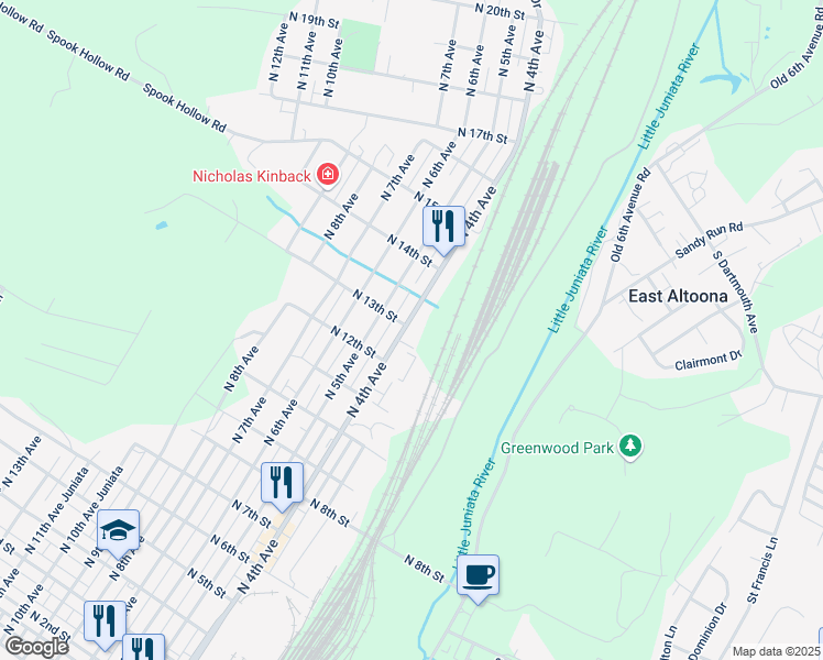 map of restaurants, bars, coffee shops, grocery stores, and more near 420 North 13th Street in Altoona