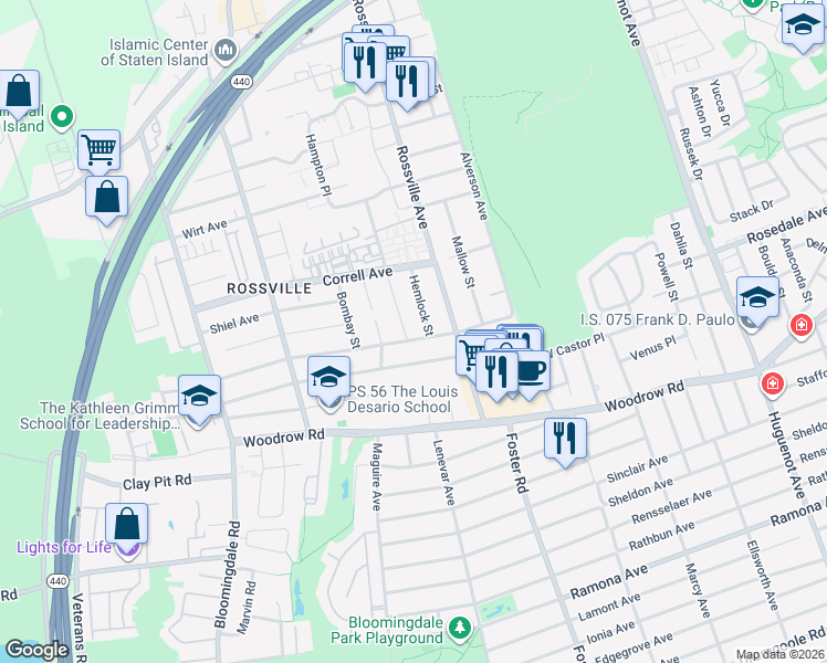 map of restaurants, bars, coffee shops, grocery stores, and more near 235 Gervil Street in Staten Island