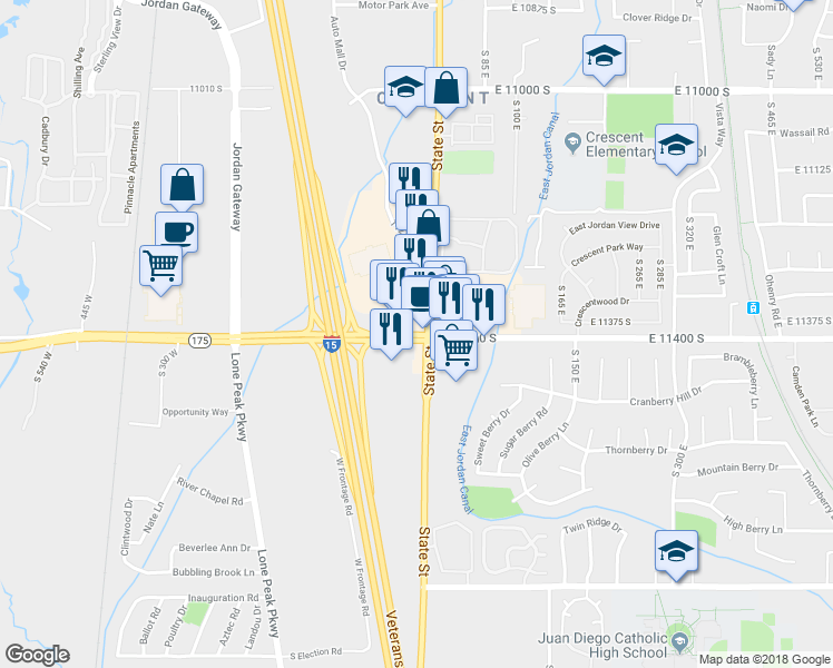 map of restaurants, bars, coffee shops, grocery stores, and more near 100 11400 South in Sandy