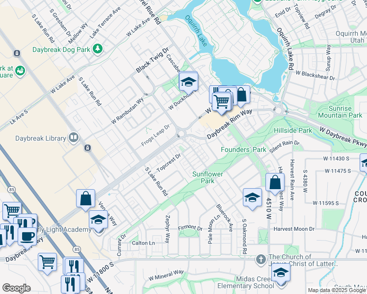 map of restaurants, bars, coffee shops, grocery stores, and more near 11386 Okanogan Lane in South Jordan