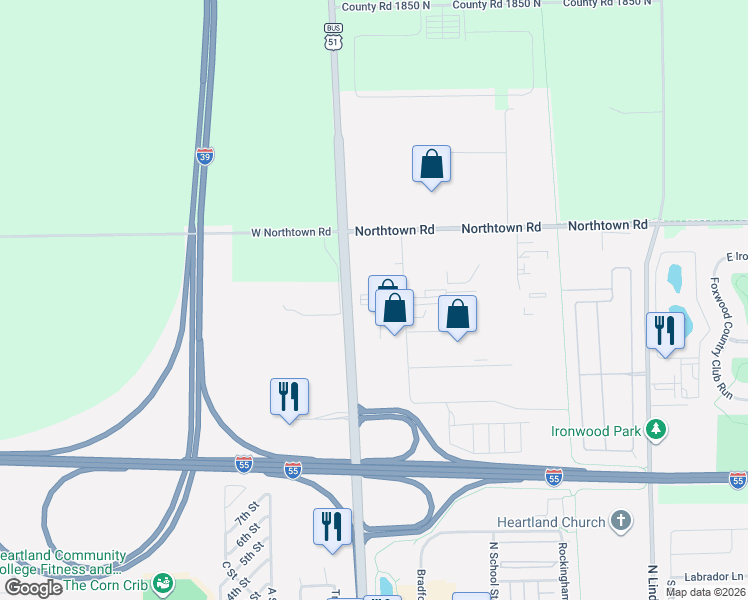 map of restaurants, bars, coffee shops, grocery stores, and more near 2019 Eagle Road in Normal