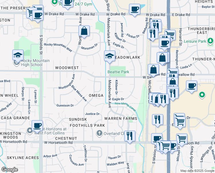 map of restaurants, bars, coffee shops, grocery stores, and more near 3125 Meadowlark Avenue in Fort Collins