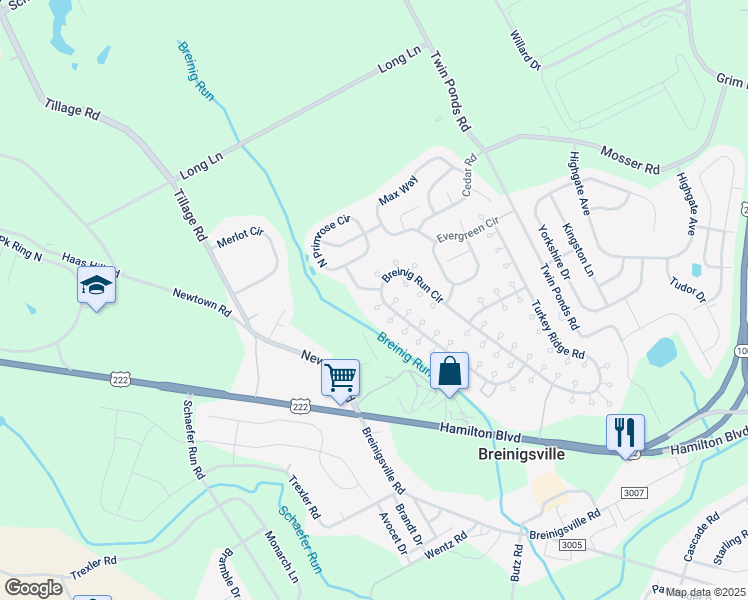 map of restaurants, bars, coffee shops, grocery stores, and more near 8887 Breinig Run Circle in Breinigsville