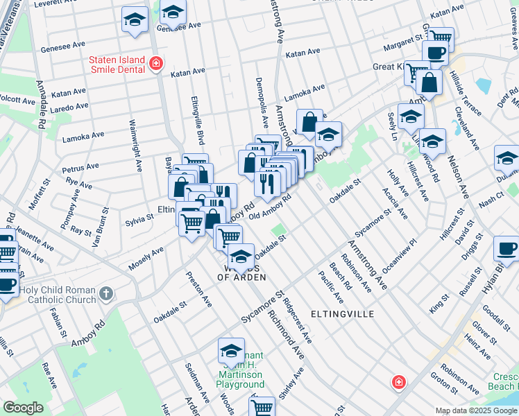 map of restaurants, bars, coffee shops, grocery stores, and more near 4385 Amboy Road in Staten Island