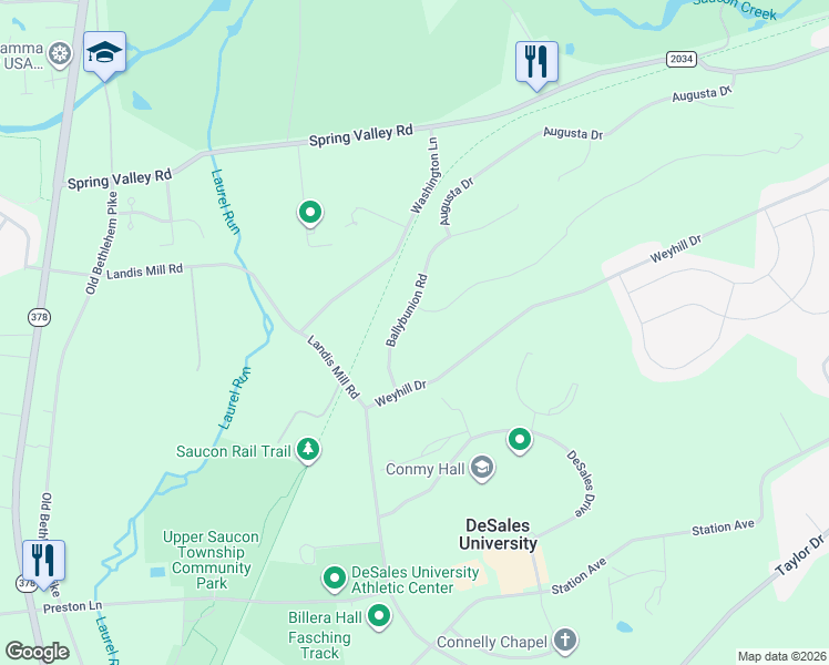 map of restaurants, bars, coffee shops, grocery stores, and more near 2550 Ballybunion Road in Lehigh County