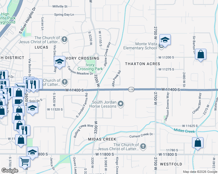 map of restaurants, bars, coffee shops, grocery stores, and more near 3059 Uinta Pines Circle in South Jordan