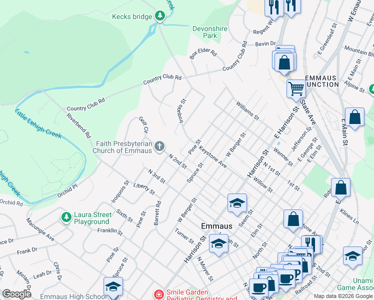 map of restaurants, bars, coffee shops, grocery stores, and more near 2900 Keystone Avenue in Emmaus