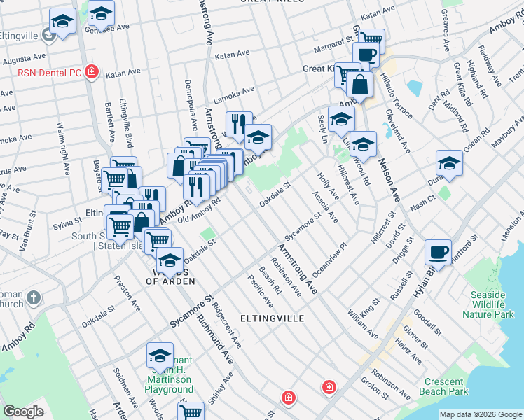 map of restaurants, bars, coffee shops, grocery stores, and more near 159 Oakdale Street in Staten Island
