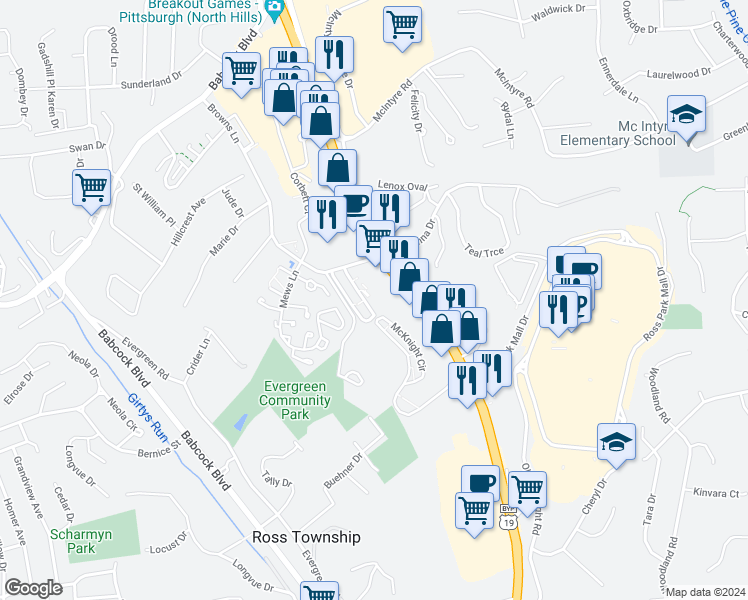 map of restaurants, bars, coffee shops, grocery stores, and more near 4009 Charlemagne Circle in Pittsburgh