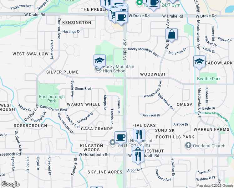 map of restaurants, bars, coffee shops, grocery stores, and more near 1118 Nez Perce Way in Fort Collins