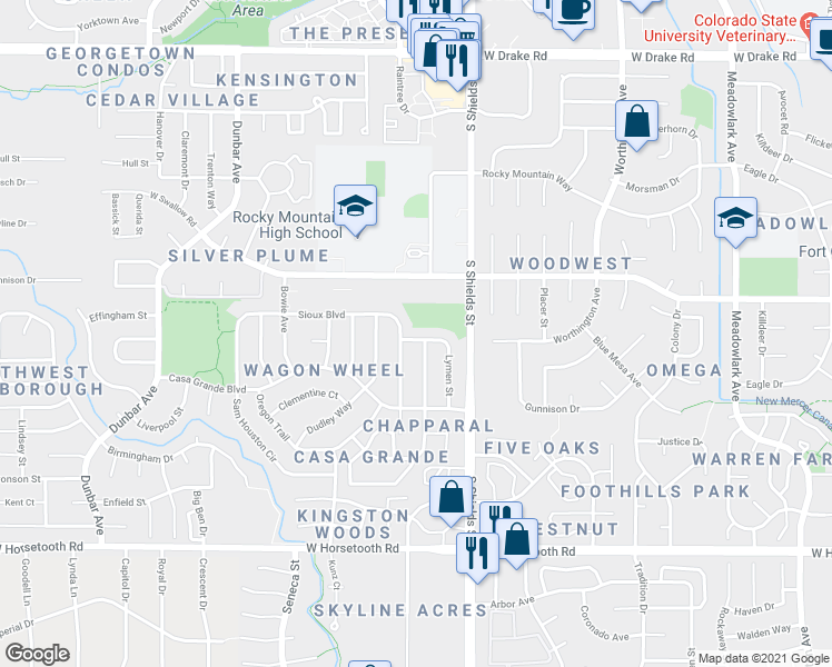 map of restaurants, bars, coffee shops, grocery stores, and more near 1118 Nez Perce Way in Fort Collins