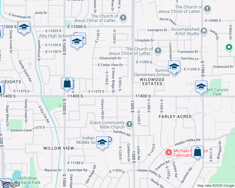 map of restaurants, bars, coffee shops, grocery stores, and more near 11361 Sandy Ridge Drive in Sandy