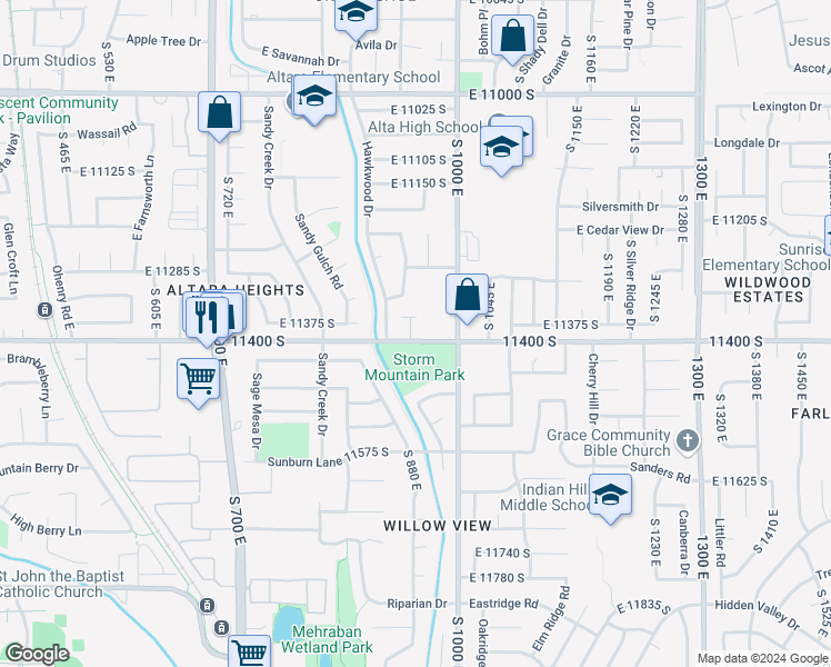 map of restaurants, bars, coffee shops, grocery stores, and more near 955 East 11400 South in Sandy