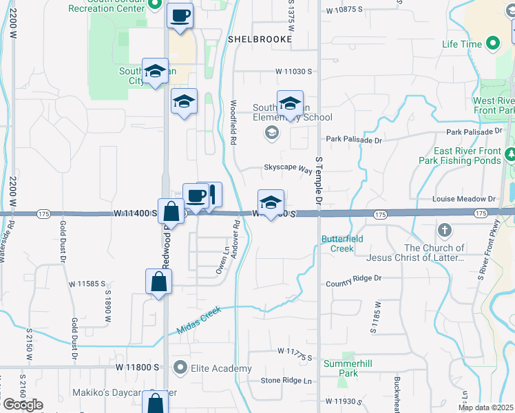 map of restaurants, bars, coffee shops, grocery stores, and more near 11333 Green Grass Court in South Jordan