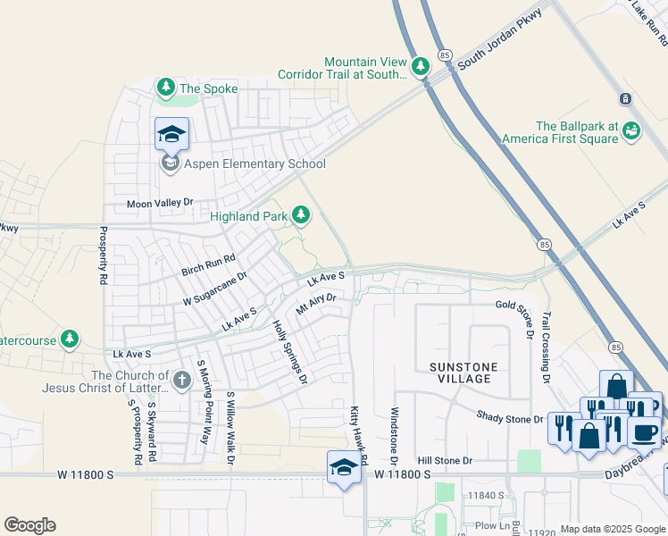 map of restaurants, bars, coffee shops, grocery stores, and more near 11384 Kitty Hawk Road in South Jordan