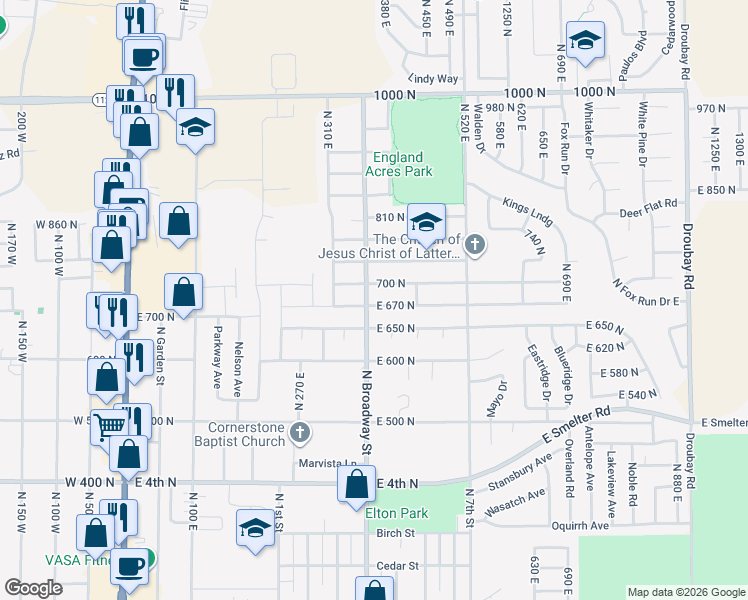 map of restaurants, bars, coffee shops, grocery stores, and more near 396 East 700 North in Tooele