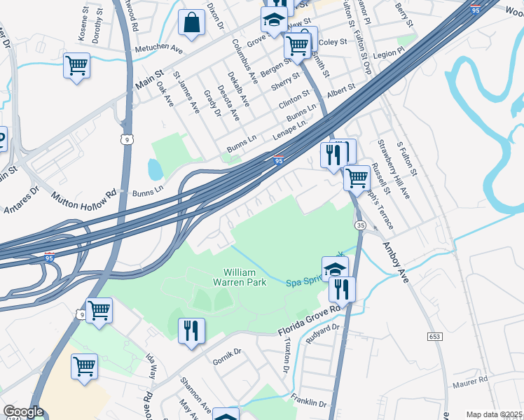 map of restaurants, bars, coffee shops, grocery stores, and more near 423 Cricket Lane in Woodbridge Township