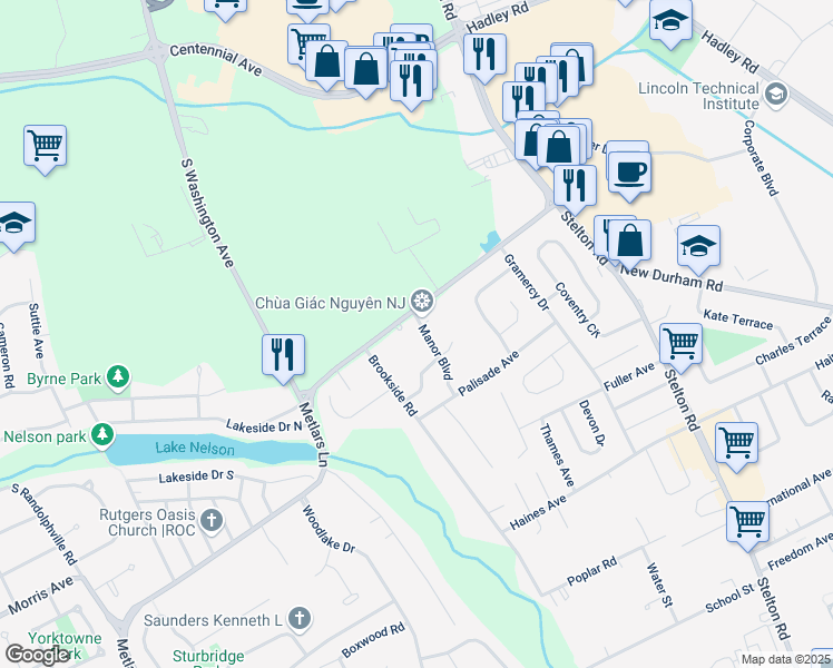 map of restaurants, bars, coffee shops, grocery stores, and more near 157 Metlars Lane in Piscataway