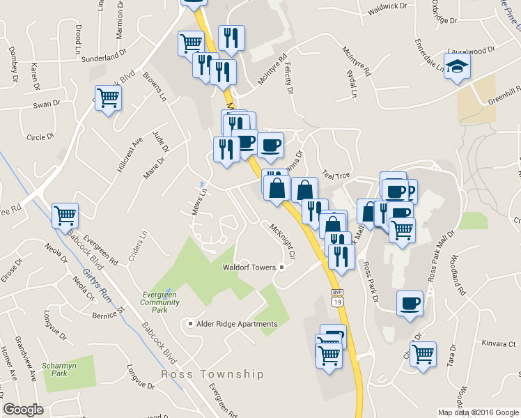 map of restaurants, bars, coffee shops, grocery stores, and more near 2108 Charlemagne Circle in Pittsburgh