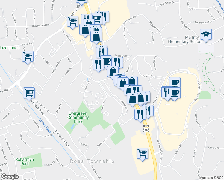 map of restaurants, bars, coffee shops, grocery stores, and more near 2108 Charlemagne Circle in Pittsburgh