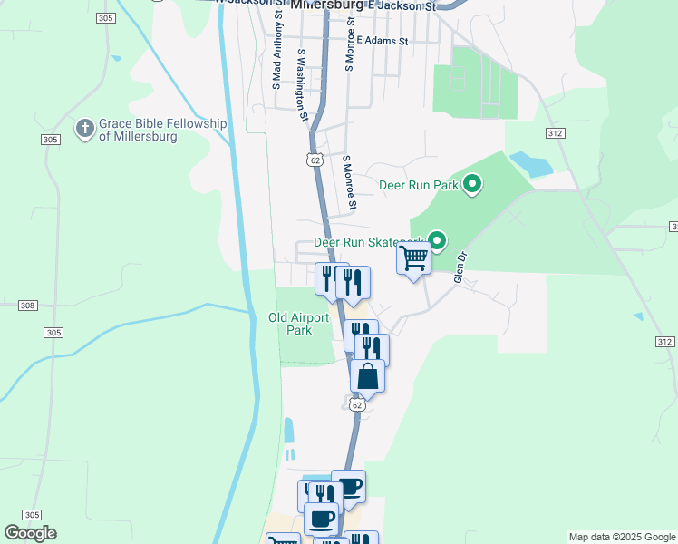 map of restaurants, bars, coffee shops, grocery stores, and more near 39 Logsdon Avenue in Millersburg