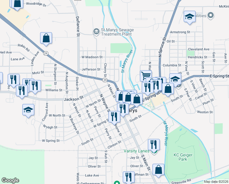 map of restaurants, bars, coffee shops, grocery stores, and more near 321 North Front Street in Saint Marys