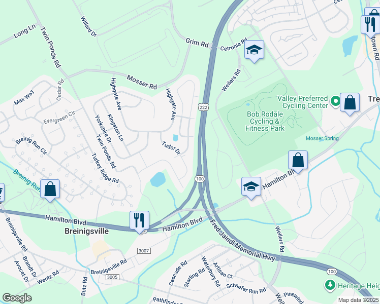 map of restaurants, bars, coffee shops, grocery stores, and more near 1121 King Way in Breinigsville