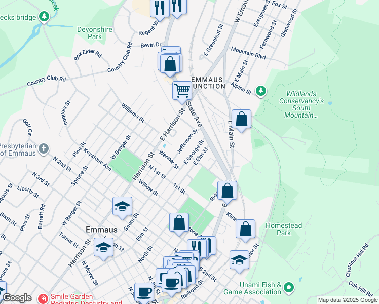 map of restaurants, bars, coffee shops, grocery stores, and more near 103 East George Street in Emmaus