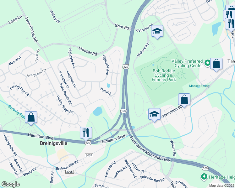 map of restaurants, bars, coffee shops, grocery stores, and more near 1121 King Way in Breinigsville