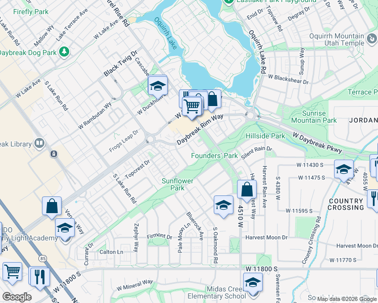 map of restaurants, bars, coffee shops, grocery stores, and more near 4723 Daybreak Rim Way in South Jordan