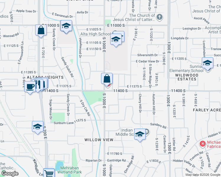 map of restaurants, bars, coffee shops, grocery stores, and more near 11390 South 1045 East in Sandy