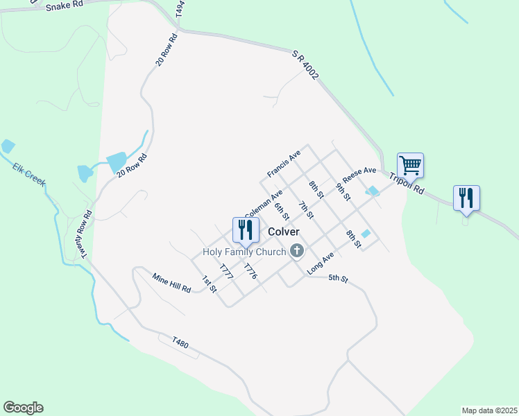 map of restaurants, bars, coffee shops, grocery stores, and more near Coleman Avenue in Colver