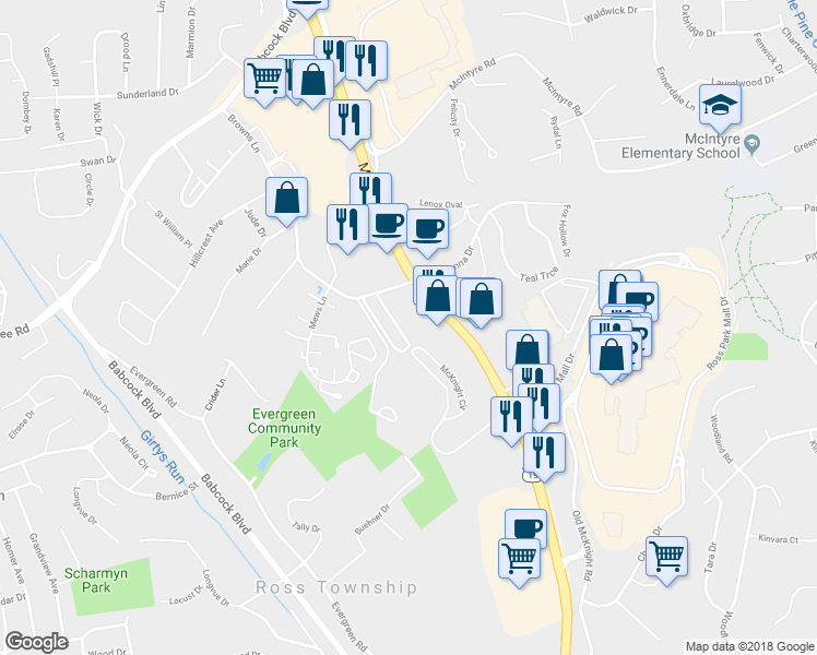 map of restaurants, bars, coffee shops, grocery stores, and more near 4005 Charlemagne Circle in Pittsburgh