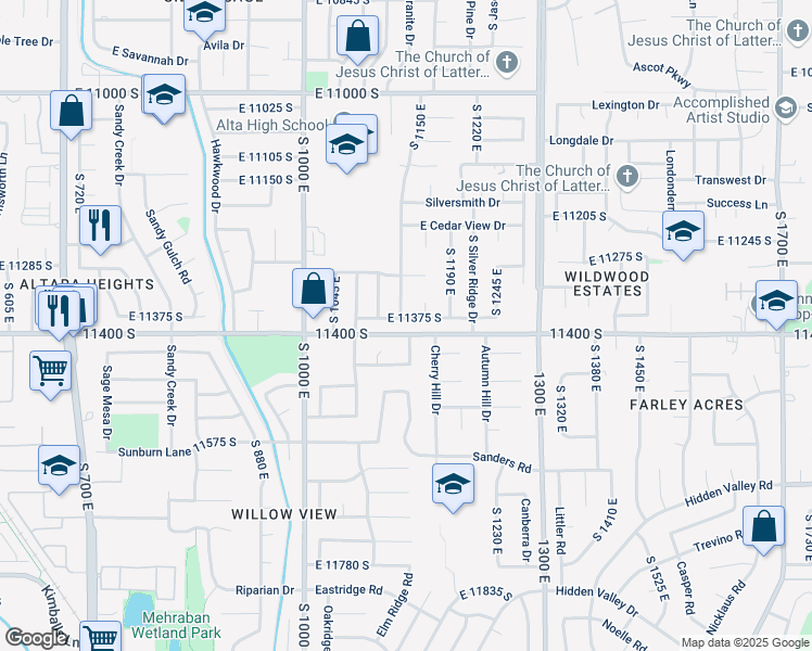 map of restaurants, bars, coffee shops, grocery stores, and more near 1132 Colima Drive in Sandy